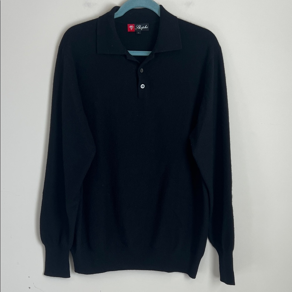 SHEPHE 100% Cashmere Long‎ Sleeve Polo Sweater Men’s Large Black